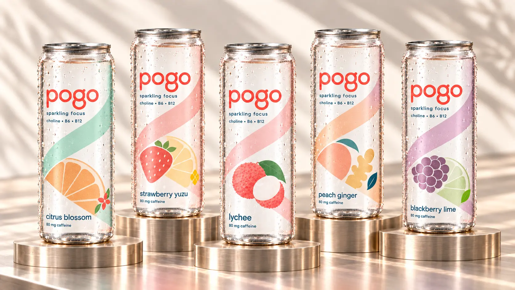 The five Pogo flavours: Citrus Blossom, Strawberry Yuzu, Lychee, Peach Ginger and Blackberry Lime